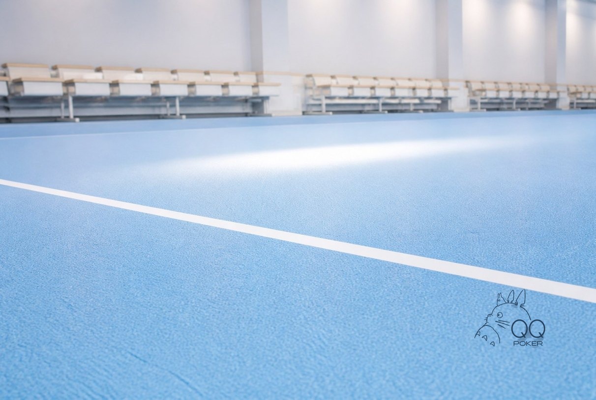 明亮的室内运动馆一角实拍，浅灰蓝塑胶地面与一排模糊的看台长椅，平视